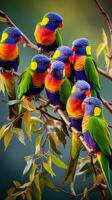 AI generated A group of brightly colored lorikeets perched on a tree branch photo