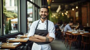 AI generated chef standing proudly in front of a restaurant, wearing his chef's jacket and a big smile photo