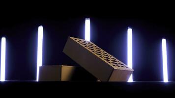 Close up of two solid bricks of red color placed in front of neon shining lamps on black background. Stock footage. Demonstration of construction materials. photo