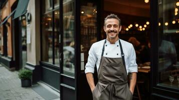 AI generated chef standing proudly in front of a restaurant, wearing his chef's jacket and a big smile photo