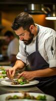 AI generated A photo of a chef plating a dish with artistic precision and a focused expression