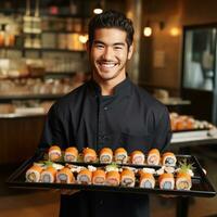 AI generated handsome chef holding a tray of beautifully crafted sushi rolls photo