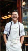 AI generated chef standing proudly in front of a restaurant, wearing his chef's jacket and a big smile photo