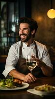 AI generated A photo of a chef enjoying a glass of wine and a delicious meal