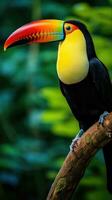 AI generated A stunning close-up of a brilliantly colored toucan perched on a tree branch photo