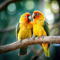 ai generado un par de pájaros del amor sentado juntos en un rama, su brillante naranja y amarillo plumas foto