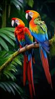 AI generated A pair of brilliantly colored macaws perch atop a branch photo