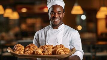 ai generado un sonriente cocinero participación un bandeja de recién horneado croissants foto