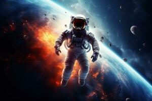 AI generated Vibrant astronaut in space, surrounded by cosmic wonders, offering ample copy space for text photo