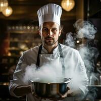 AI generated a chef holding a steaming pot of soup, with steam rising around his face photo