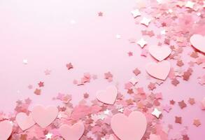 AI generated heart pink stars confetti on an iridescent pink background photo