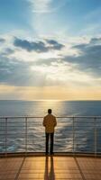 AI generated A serene image of a lone figure standing on the deck of a cruise ship photo