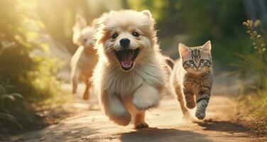 ai generado perros correr en césped y gatos correr en el frente yarda foto