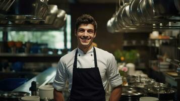 AI generated a chef in a bustling kitchen, surrounded by pots and pans, with a confident grin on his face photo