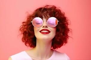 ai generado linda joven mujer vistiendo Gafas de sol terminado rosado antecedentes mujer foto