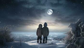 ai generado dos joven Niños estar en el nieve con vista a un blanco Luna foto