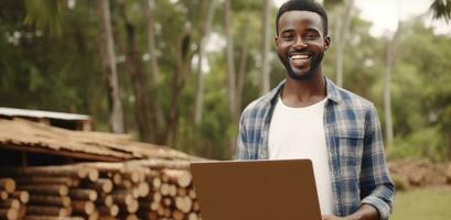 AI generated man holding laptop and smiling at camera man photo