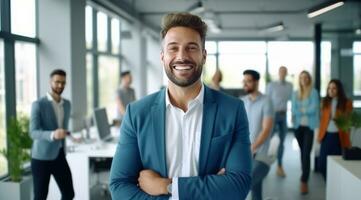 AI generated man smiling in office, with others around business photo