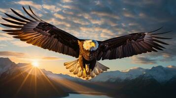 ai generado un majestuoso águila altísimo mediante el cielo, con sus poderoso alas extendido foto
