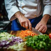 ai generado un de cerca Disparo de un del chef manos como él expertamente cortes vegetales con un agudo cuchillo foto