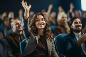 AI generated young businesswoman raises hand during audience question day photo