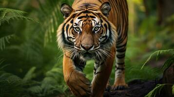 ai generado un majestuoso Bengala tigre, con sus sorprendentes naranja y negro Saco foto