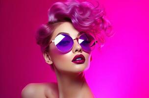 AI generated young glamorous woman wearing sunglasses behind pink light young woman photo