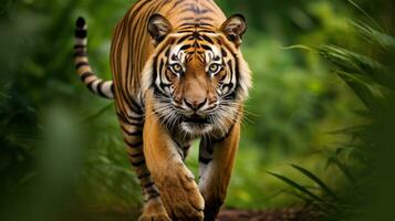 ai generado un majestuoso Bengala tigre, con sus sorprendentes naranja y negro Saco foto