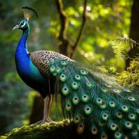 AI generated A stunning shot of a peacock displaying its beautiful feathers in all their glory photo