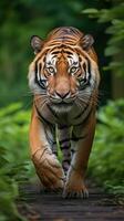 ai generado un majestuoso Bengala tigre, con sus sorprendentes naranja y negro Saco foto