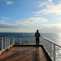 AI generated A serene image of a lone figure standing on the deck of a cruise ship photo