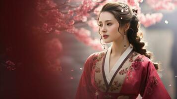 ai generado un dama vistiendo un tradicional chino disfraz mira a algunos Cereza flores foto