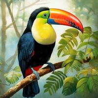 AI generated A stunningly beautiful toucan perches on a branch photo