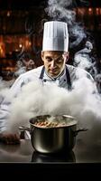 AI generated a chef holding a steaming pot of soup, with steam rising around his face photo