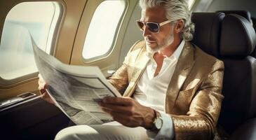ai generado un hombre leyendo en un avión mientras él toma apagado su Zapatos y Gafas de sol foto