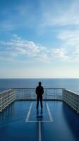 ai generado un sereno imagen de un solitario figura en pie en el cubierta de un crucero Embarcacion foto