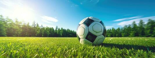 ai generado un fútbol pelota en el césped en frente de un objetivo foto