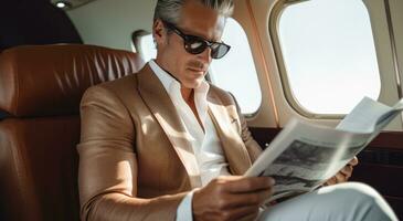 AI generated a man reading in an airplane while he takes off his shoes and sunglasses photo