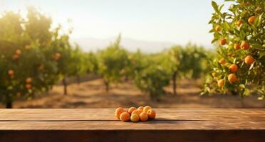 AI generated a wooden table in an orange orchard photo