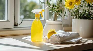 AI generated a white countertop with plants, a bottle of cleaning spray and a towel sitting in the corner photo