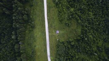 Aerial top view of summer green trees, river, roads in forest background. Aerial view of crooked path of road on the mountain. Clip. Aerial view of cars driving on country road in forest. The aerial photo