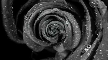 Top view of a beautiful abstract black rose rotating, seamless loop. Close up for spinning rosebud with water drops. photo