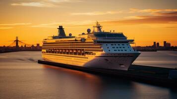 AI generated An evocative shot of a cruise ship departing from port at sunset photo