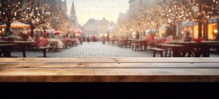 AI generated empty wooden city street table with christmas decoration photo