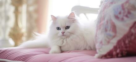 AI generated a white cat is laying on a pink couch with pillows photo