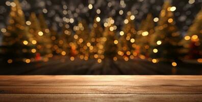 AI generated empty wooden city street table with christmas decoration photo