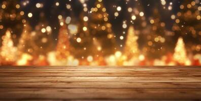 AI generated empty wooden city street table with christmas decoration photo