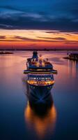 AI generated An evocative shot of a cruise ship departing from port at sunset photo