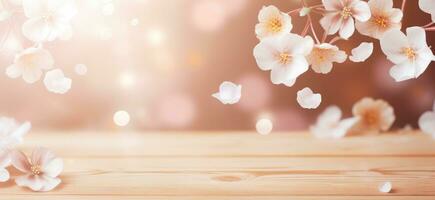 AI generated a wooden background with some white flowers floating in the background photo