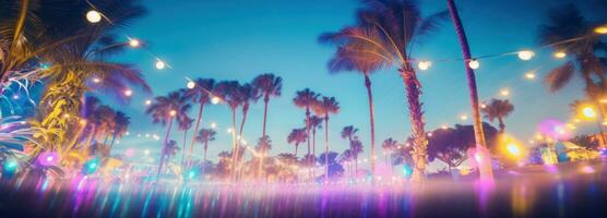 AI generated colorful lights in grass with palms next to blue sky, photo